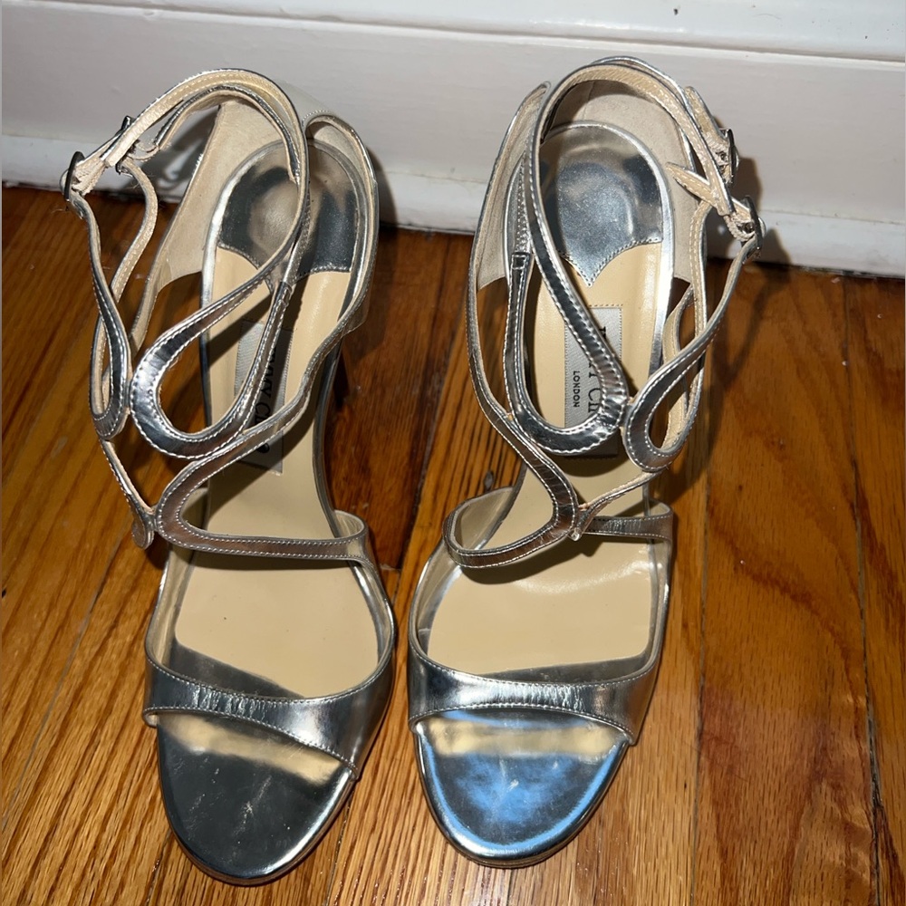 Jimmy Choo Lance Mirror Silver Leather sandals Heel 9cm Shoes Size 40.5 or 9.5.